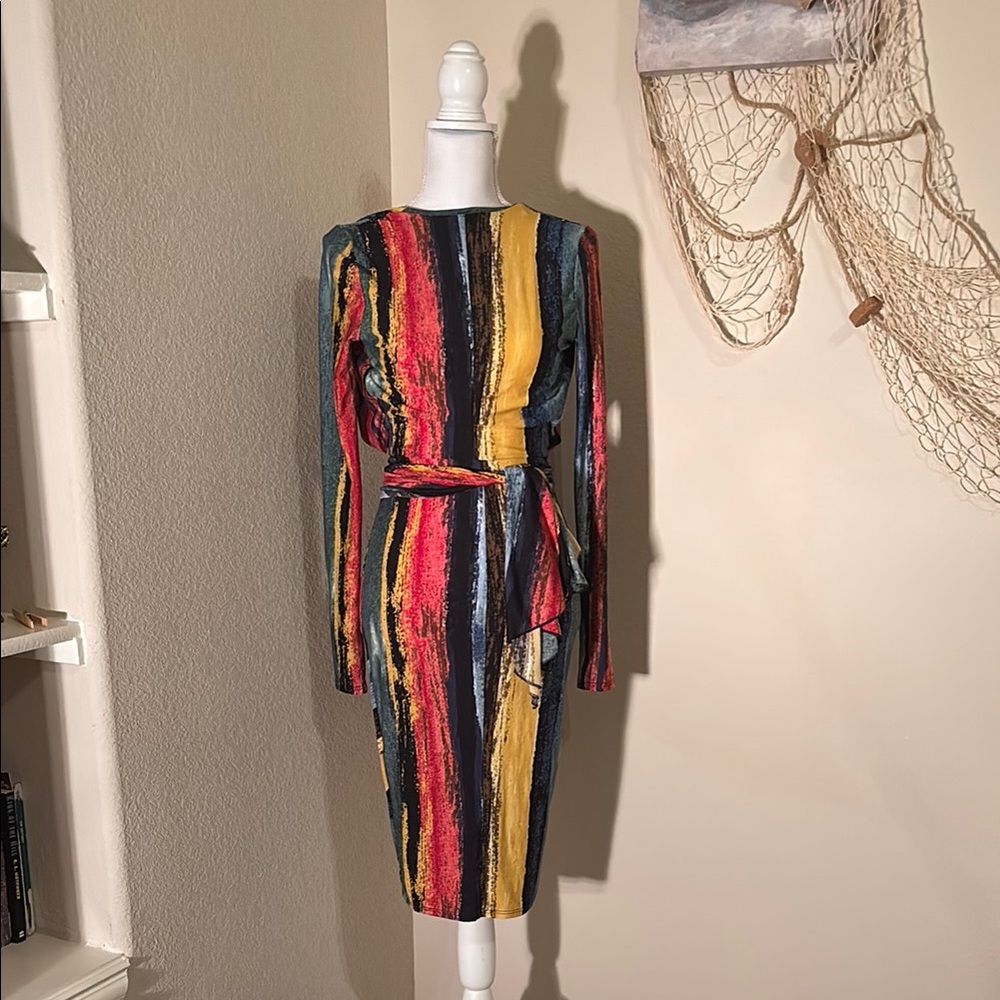 Red and Yellow Long Sleeve Bodycon Dress